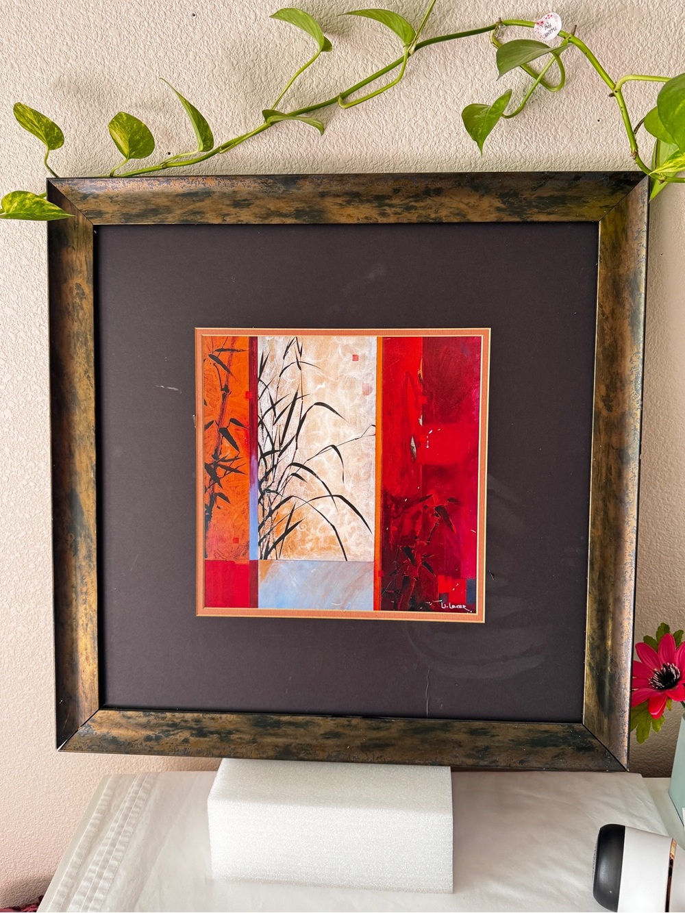 Contemporary Framed Bamboo Panel Art in Red and Cream by